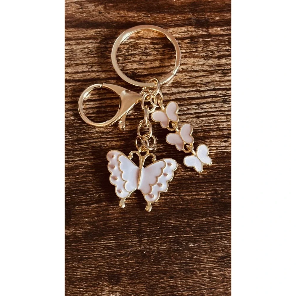 Pink Enamel Butterfly Keychain Gold Tone Lobster Clasp Bag Charm New